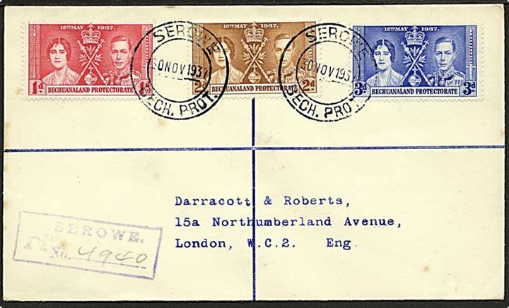 Komplet sæt Bechuanaland Protectorate Coronation udg. på anbefalet brev fra Serowe d. 30.11.1937 til London, England.