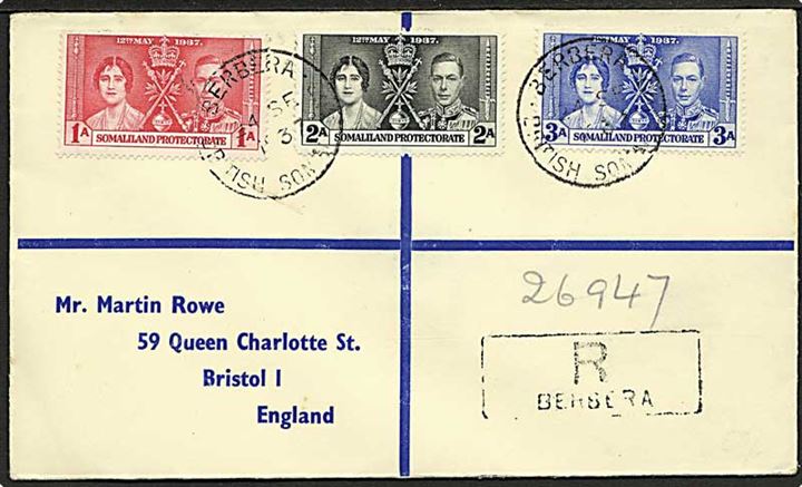 Komplet sæt Somaliland Protectorate Coronation udg. på anbefalet brev fra Berbera d. 24.9.1937 til Bristol, England.