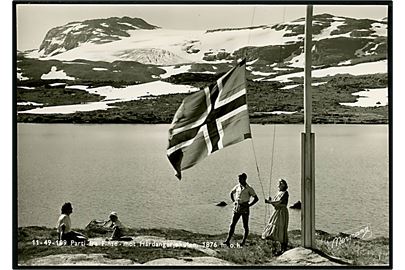 Finse mod Hardangerjøkulen. Det Norske flag hejses! Fotokort Normann no. 11 - 49 - 109.