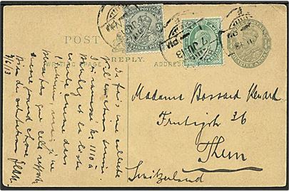 1/4 Anna Edward VII helsagsbrevkort opfrankeret med 1/4 Anna og ½ Anna Edward VII fra Bombay d. 7.7.1913 til Thun, Schweiz.