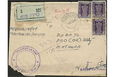 15 np. (3) på anbefalet feltpostbrev stemplet F.P.O. No. 615 d. 11.10.1969 til Mathura. Fra Headquarter 28 Air Defence Regt.