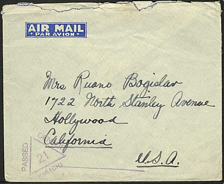 1 R., 2 As. og 3½ As. på luftpostbrev fra Bangalore d. 4.3.1940 til Hollywood, USA. Censureret i Karrachi.