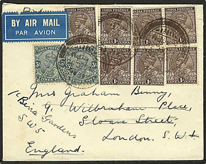 3 ps. (2) og 1 A. (7) George V på luftpostbrev fra Bombay d. 2.12.1935 til London, England.