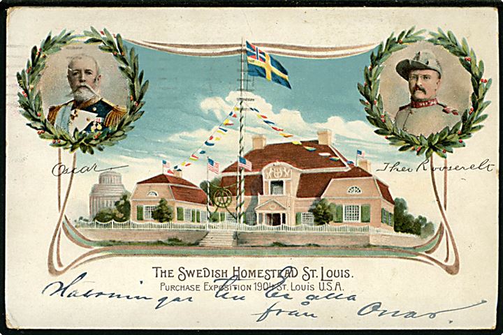 USA, The Swedish Homestead, St. Louis 1904 med Oscar II og Roosevelt. 