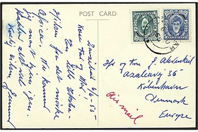 30 c. og 35 c. på brevkort fra Zanzibar d. 6.6.1955 til København, Danmark.