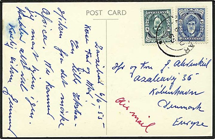 30 c. og 35 c. på brevkort fra Zanzibar d. 6.6.1955 til København, Danmark.