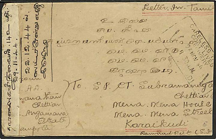 10 c. på bagsiden af brev fra Campola d. 22.11.1944 til Indien. Åbnet af lokal censor på Ceylon L/887.