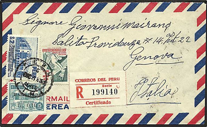 2,25 s. blandingsfrankeret anbefalet luftpostbrev fra Lima d. 25.10.1951 til Genova, Italien.