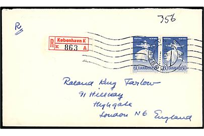 60 øre Balletfestival i parstykke på anbefalet brev annulleret med håndrullestempel København K. sn15 d. 22.4.1964 til London, England.