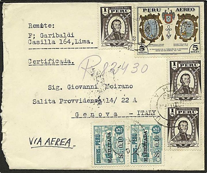 8,30 s. blandingsfrankeret anbefalet luftpostbrev fra Lima d. 17.4.1952 til Genova, Italien.