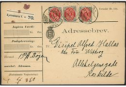 8 øre Tofarvet i single og parstykke ret rm. på adressebrev for pakke fra Kjøbenhavn d. 27.2.1893 til Roskilde.