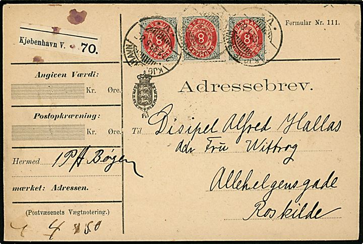 8 øre Tofarvet i single og parstykke ret rm. på adressebrev for pakke fra Kjøbenhavn d. 27.2.1893 til Roskilde.