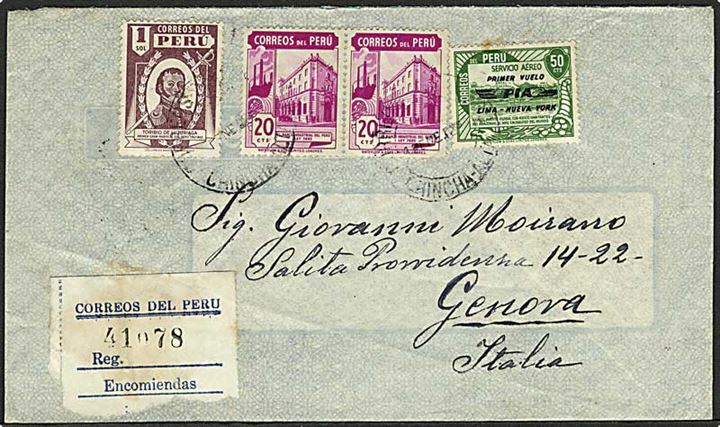 1,90 s. blandingsfrankeret anbefalet luftpostbrev fra Chincha-Alta d. 12.1.1948 via Lima til Genova, Italien.