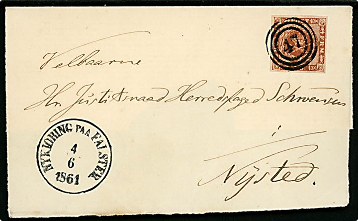4 sk. 1858 udg. på brev annulleret med nr.stempel 47 og sidestemplet antiqua Nykiöbing paa Falster d. 4.6.1861 til Nysted. Kun forside med bagklap.