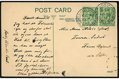 ½d George V i parstykke på brevkort fra Grangemouth d. 26.5.1913 påskrevet via Leith til Tveraa, Suderö, Færøerne.