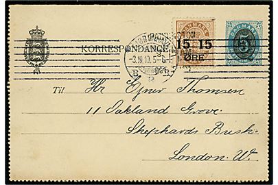 5/4 øre provisorisk helsags korrespondancekort opfrankeret med 15/24 øre Provisorium fra Kjøbenhavn d. 3.10.1910 til London, England.