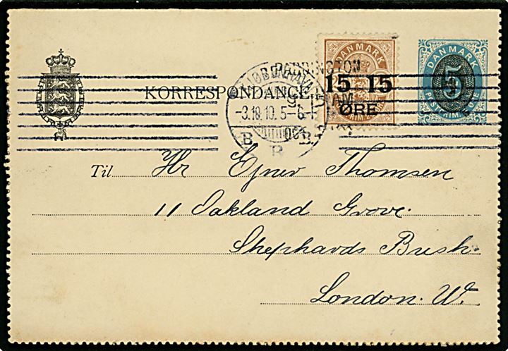 5/4 øre provisorisk helsags korrespondancekort opfrankeret med 15/24 øre Provisorium fra Kjøbenhavn d. 3.10.1910 til London, England.