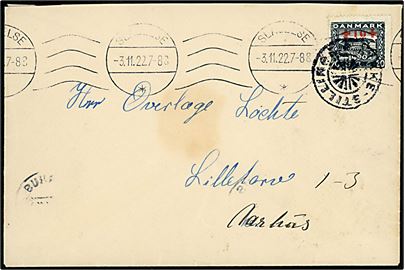 20+10 øre Røde Kors Provisorium single på brev annulleret med stjernestempel KIRKE-STILLINGE og sidestemplet Slagelse d. 3.11.1922 til Aarhus.