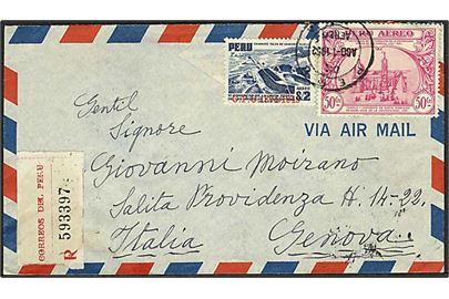 2,50 s. blandingsfrankeret anbefalet luftpostbrev fra Lima d. 1.8.1952 til Genova, Italien.
