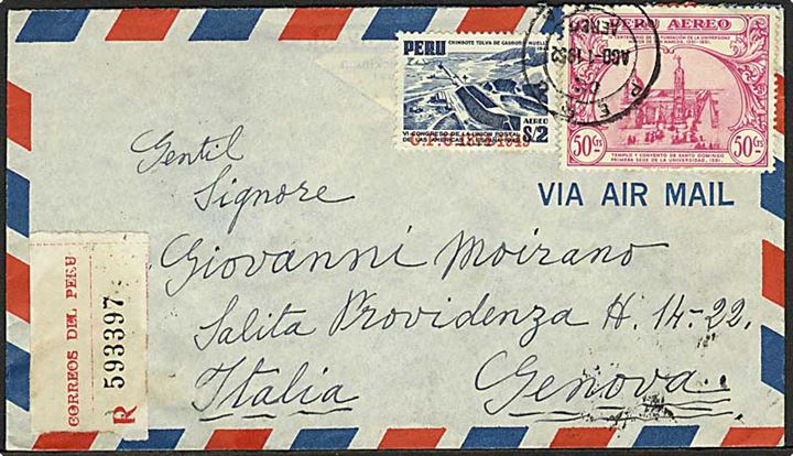 2,50 s. blandingsfrankeret anbefalet luftpostbrev fra Lima d. 1.8.1952 til Genova, Italien.