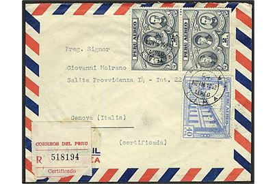4,40 s. blandingsfrankeret anbefalet luftpostbrev fra Lima d. 16.11.1952 til Genova, Italien.