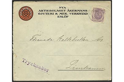 4 öre Tre Kroner på ill. firmakuvert fra Åkermanns Gjuteri & Mek. Verkstad i Eslöf 1915 til Linhamn.