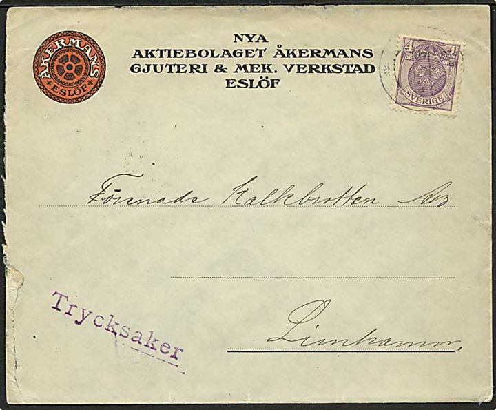 4 öre Tre Kroner på ill. firmakuvert fra Åkermanns Gjuteri & Mek. Verkstad i Eslöf 1915 til Linhamn.