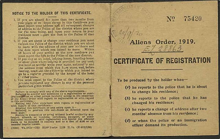 Aliens Order 1919 Certificate of Registration med foto for dansk kvinde udstedt af Metropolitan Police i London d. 20.9.1920.