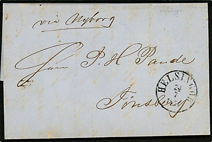 1857: Portobrev med fuldt indhold påskrevet via Nyborg med antiqua Helsingør d. 24.7.1857 til Tønsberg, Norge.
