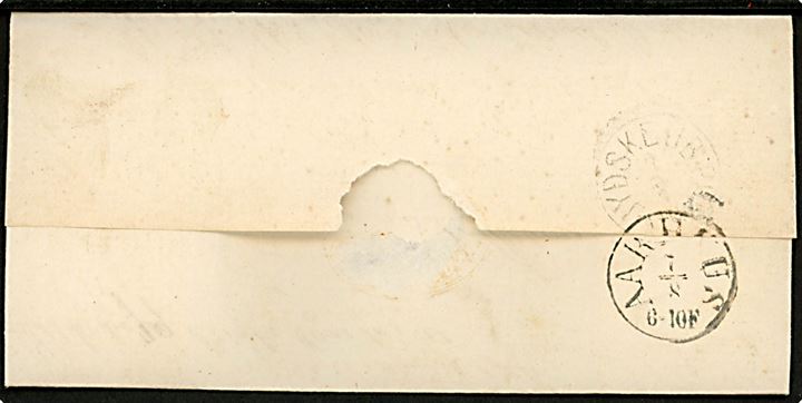 1867. Ufrankeret tjenestebrev mærket KTmA med fuldt indhold og lapidar Hjørring d. 6.8.1867 via Aarhus og Jydske JB.P.B. til birkekontoret i Silkeborg.
