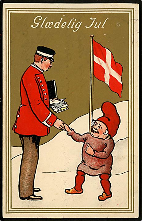 5 øre Chr. X på julekort (Nisse og Postbud) annulleret med brotype IIIb Bandholm d. 23.12.1914 til Vesterby på Fejø. Påskrevet Juleaften, da kortet først måtte omdeles d. 24.12.