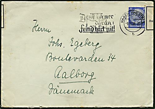 25 pfennig blå Hindenburg censur brev fra Hagen, Tyskland, d. 9.1.1939 til Aalborg.