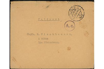 Ufrankeret feltbrev fra Rotterdam d. 25.9.1942 til Obgfr. i Luftwaffe med feltpost-nr. L. 36788 Lpa. Königsberg = Aufklärungs-Staffel 5 (F) Aufklärungsgruppe 122 stationeret i Gosstkino, Rusland). Passér stemplet A.c ved den tyske censur-