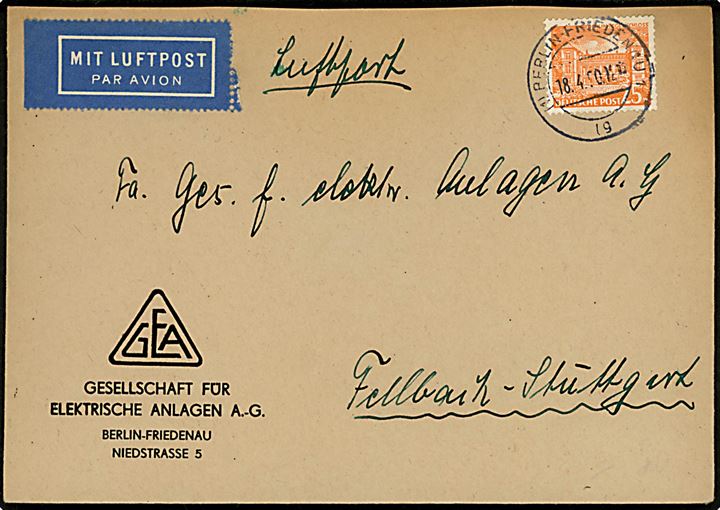 25 pfg. Tegel Schloss single på indenrigs luftpostbrev fra Berlin-Friedenau d. 18.4.1950 til Fellbach-Stuttgart.