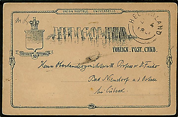 10 pfg. helsagsbrevkort stemplet Heligoland d. 4.9.1886 til Bad Niendorf b. Lübeck.