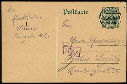 5 pfg. Postgebiet Ob. Ost provisorisk helsagsbrevkort stemplet Wilna d. 3.2.1916 til Berlin. Violet censurstempel M.P.K. fra Königsberg.