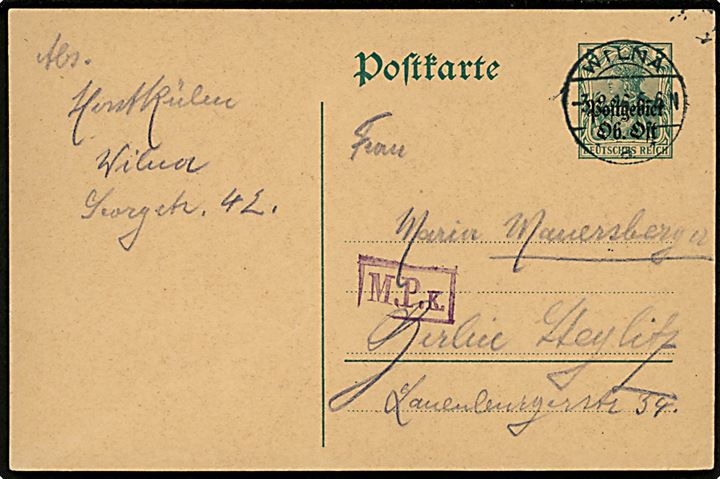 5 pfg. Postgebiet Ob. Ost provisorisk helsagsbrevkort stemplet Wilna d. 3.2.1916 til Berlin. Violet censurstempel M.P.K. fra Königsberg.