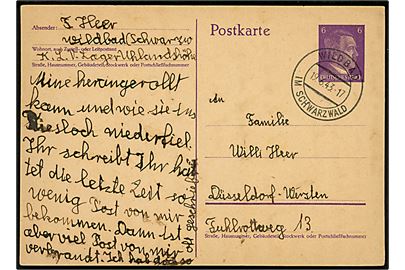 6 pfg. Hitler helsagsbrevkort sendt fra barn i K.L.V.Lager Uhlandshöhe stemplet Wildbad im Schwarzwald d. 19.6.1943 til Düsseldorf. K.L.V.-Lager (= Kinderlandverschickung Lager / Børneevakueringslejr).