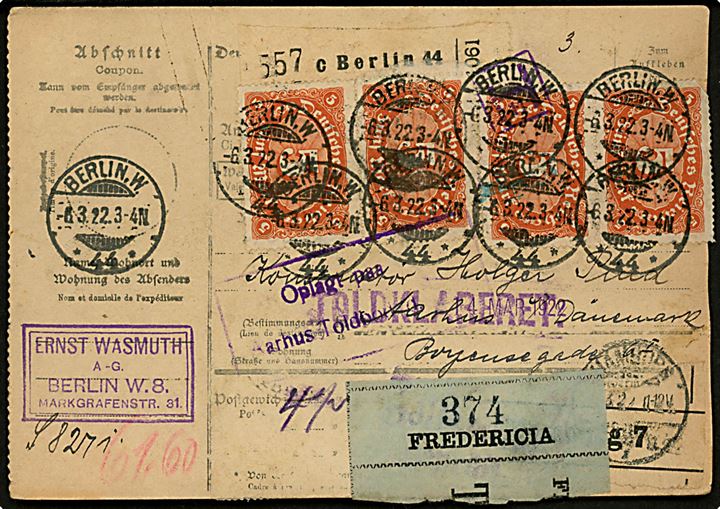 40 pfg. 60 pfg. (2) 4 mk. (10) og 5 mk. (4) Infla udg. på for- og bagside af internationalt adressekort for pakke fra Berlin d. 6.3.1922 via Fredericia til Aarhus, Danmark.