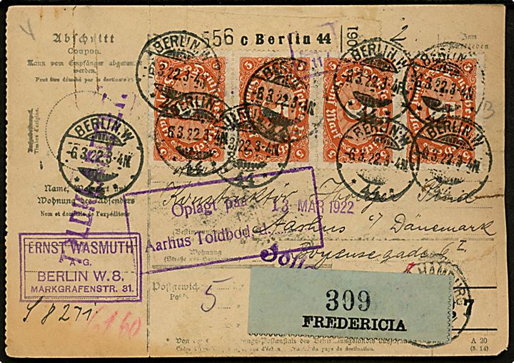 40 pfg. 60 pfg. (2) 4 mk. (10) og 5 mk. (4) Infla udg. på for- og bagside af internationalt adressekort for pakke fra Berlin d. 6.3.1922 via Fredericia til Aarhus, Danmark.