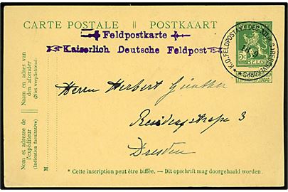 Belgisk 5 c. helsagsbrevkort anvendt som tysk feltpostkort og annulleret K. D. Feldpostamt des XII (K.S.) Reservekorps d. 16.9.1914 til Dresden, Tyskland.