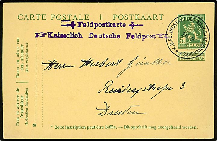 Belgisk 5 c. helsagsbrevkort anvendt som tysk feltpostkort og annulleret K. D. Feldpostamt des XII (K.S.) Reservekorps d. 16.9.1914 til Dresden, Tyskland.