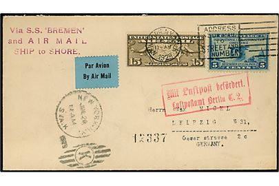 5 c. Aeronatics Conference og 15 c. Air Mail på katapult-luftpostbrev fra New York d. 26.6.1929 via Berlin til Leipzig, Tyskland. Stemplet: Via S.S. BREMEN and AIR MAIL SHIP to SHORE.