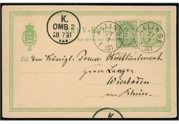 5 øre Våben helsagsbrevkort opfrankeret med 5 øre Våben annulleret med lapidar Allinge d. 27.7.1891 via København til Wiesbaden, Tyskland.