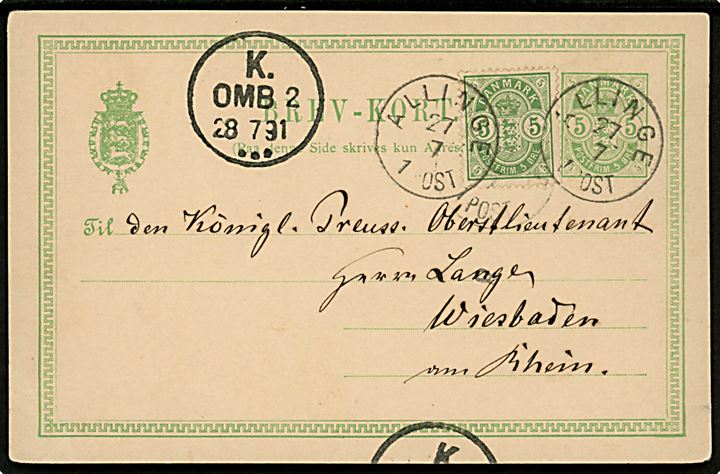 5 øre Våben helsagsbrevkort opfrankeret med 5 øre Våben annulleret med lapidar Allinge d. 27.7.1891 via København til Wiesbaden, Tyskland.