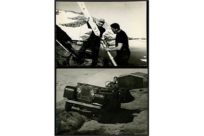 Aputiteq vejrstation i Østgrønland. Mandskab ved wire til radiomast og stations-jeep. To fotografier ca. 1950'erne. 