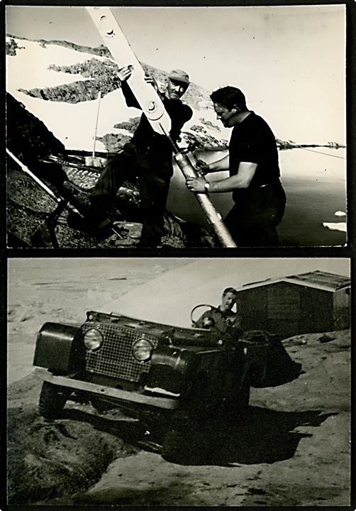 Aputiteq vejrstation i Østgrønland. Mandskab ved wire til radiomast og stations-jeep. To fotografier ca. 1950'erne. 
