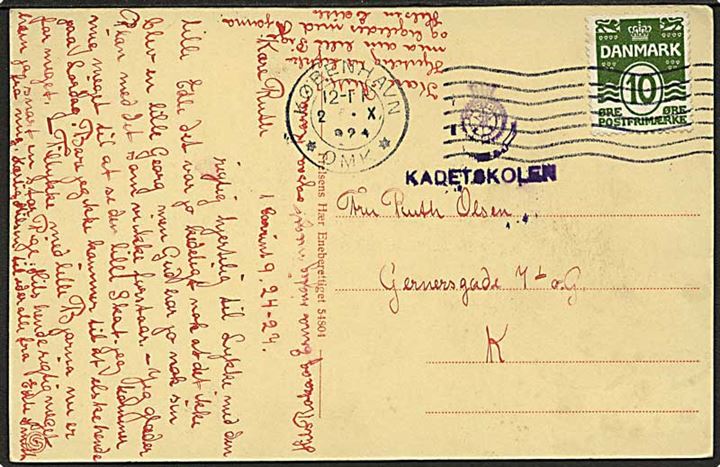 10 øre Bølgelinie på lokalt brevkort (Kadetskolen, Grundtvigsvej) stemplet København d. 2.10.1924 og sidestemplet med privat stempel: Kadetskolen. Fra Frelsens Hærs kadetskole i København. 