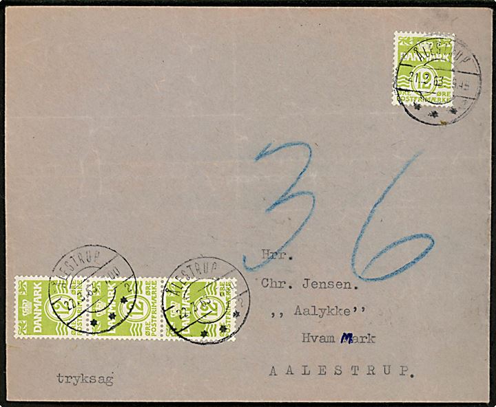 12 øre Bølgelinie single på underkendt lokal tryksag i Ålestrup d. 21.3.1963. Udtakseret i 36 øre porto med 12 øre Bølgelinie (3) benyttet som portomærke og stemplet Ålestrup d. 22.3.1963. 