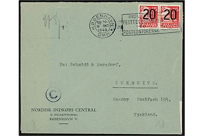 20/15 øre Provisorium i parstykke på brev fra København d. 15.10.1940 til Chemnitz, Tyskland. Åbnet af tysk censur i Berlin.